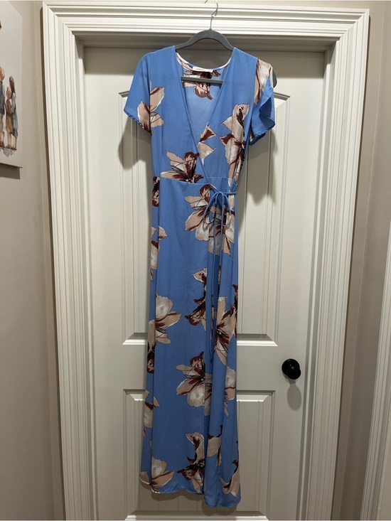 rukoko Dresses & Skirts - Sky Blue Floral Wrap Maxi Dress with Tie Waist
